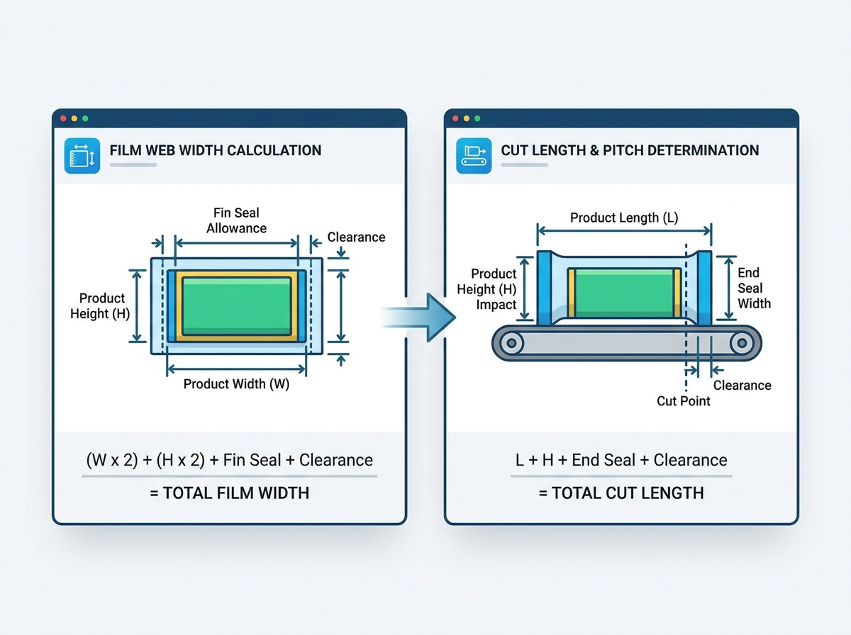 Technical diagram illustrating flow wrapping machine cutoff length and film web width calculations